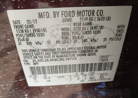 2012 Lincoln Mkx from USA, damaged, VIN 2LMDJ8JK9CBL18733